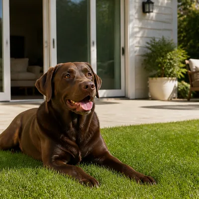 Labrador chocolate tumbado feliz en el césped cerca de la puerta de la terraza de una casa.