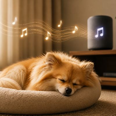 Perro descansando relajado mientras suena música tranquila de fondo.