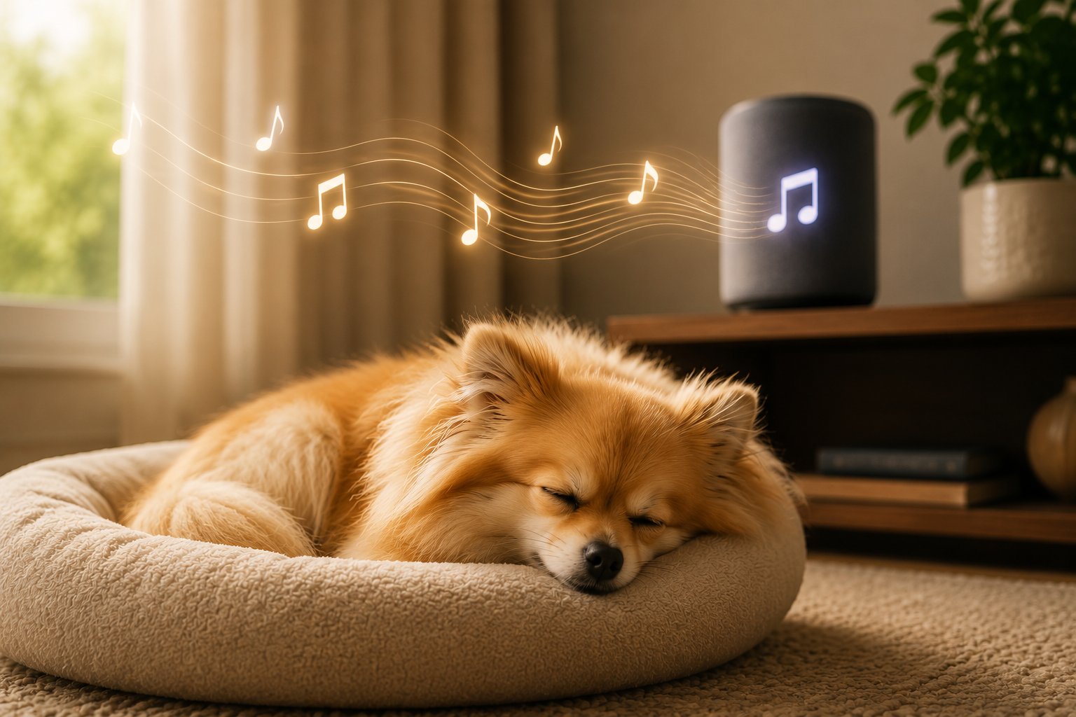 Perro descansando relajado mientras suena música tranquila de fondo.