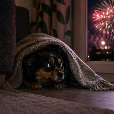 Perro descansando en casa durante una tormenta, con postura alerta visible y un ambiente hogareño tranquilo.