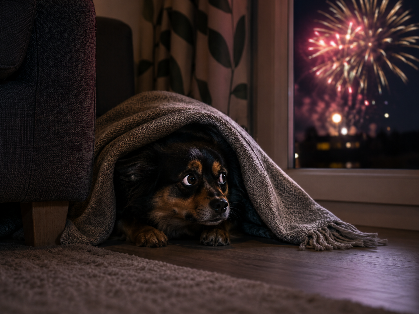 Perro descansando en casa durante una tormenta, con postura alerta visible y un ambiente hogareño tranquilo.