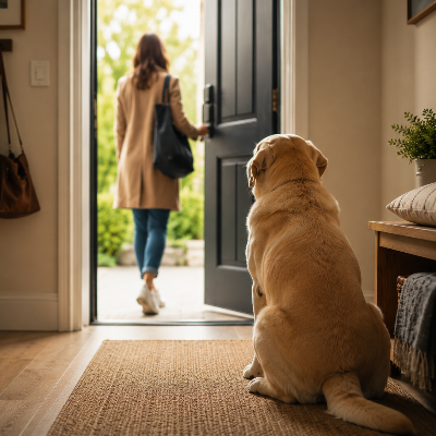 Perro observando con calma a su dueño mientras se marcha de casa, en un ambiente hogareño tranquilo y con luz natural suave.