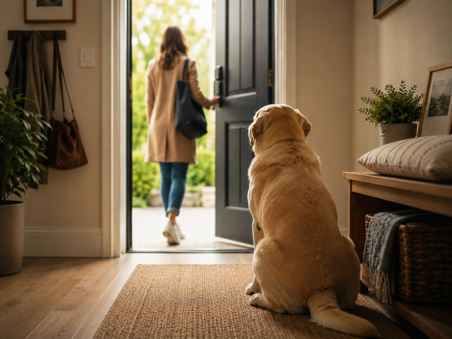 Perro observando con calma a su dueño mientras se marcha de casa, en un ambiente hogareño tranquilo y con luz natural suave.