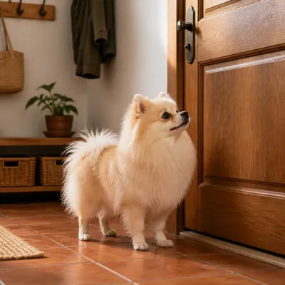 Pomerania de pie y alerta junto a una puerta de madera en la entrada rústica de un piso.