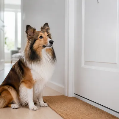 Sheltie sentado y alerta junto a una puerta blanca en la entrada de un piso luminoso.
