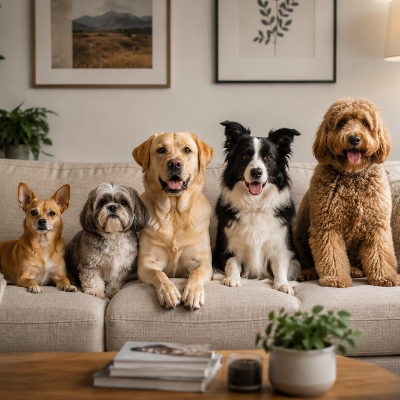 Distintas razas de perros sentadas juntas y tranquilas en un interior, con luz natural y un ambiente relajado.