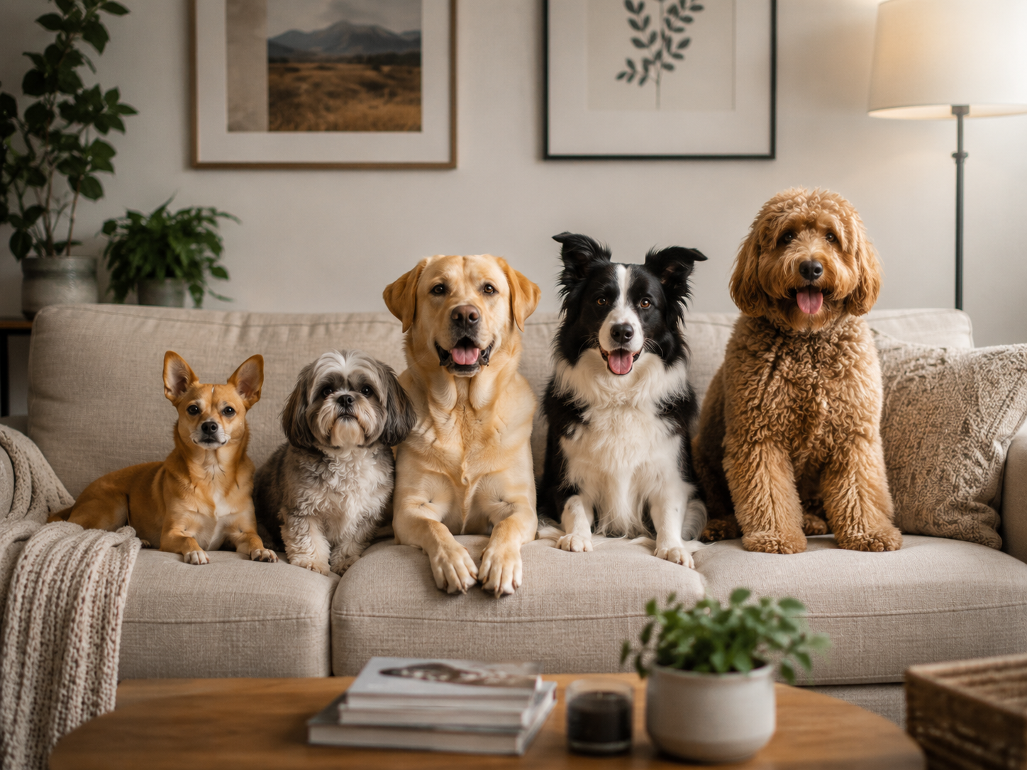 Distintas razas de perros sentadas juntas y tranquilas en un interior, con luz natural y un ambiente relajado.