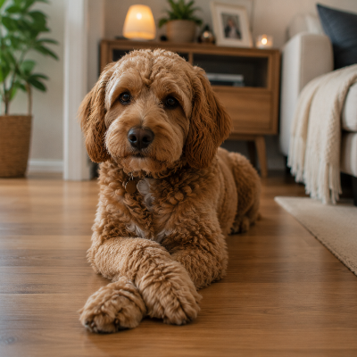Perro tumbado quieto pero alerta en el sofá mientras está solo en casa, con luz natural interior.