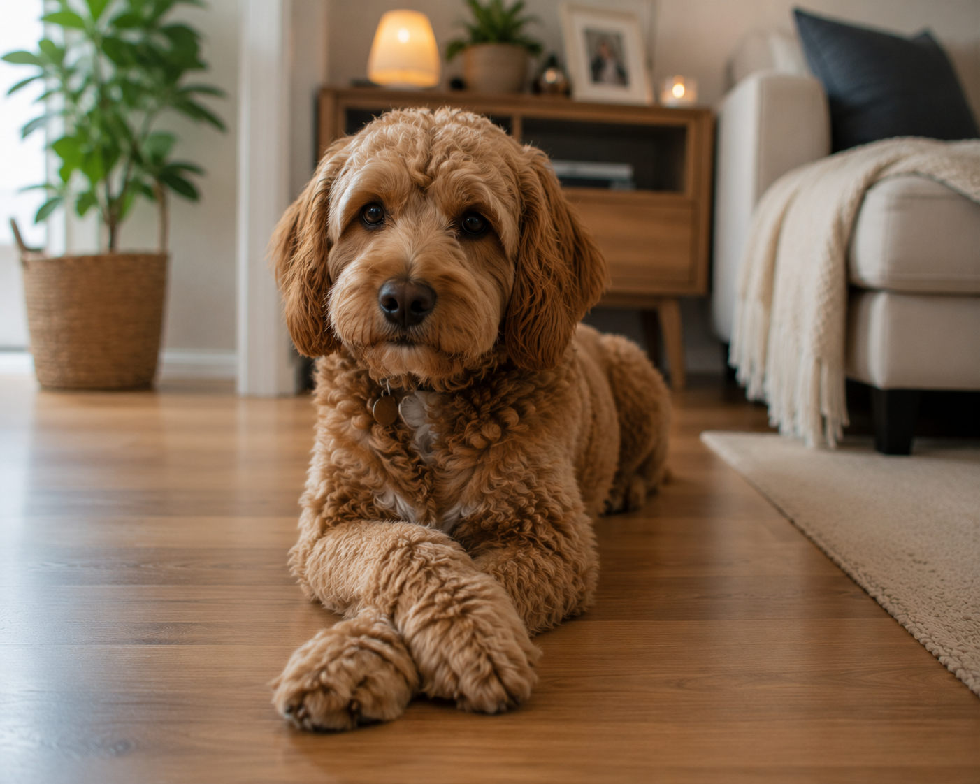 Perro tumbado quieto pero alerta en el sofá mientras está solo en casa, con luz natural interior.