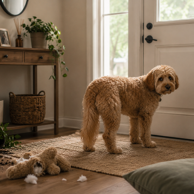 Perro de pie junto a la puerta en casa después de haberse quedado solo, con luz natural interior.