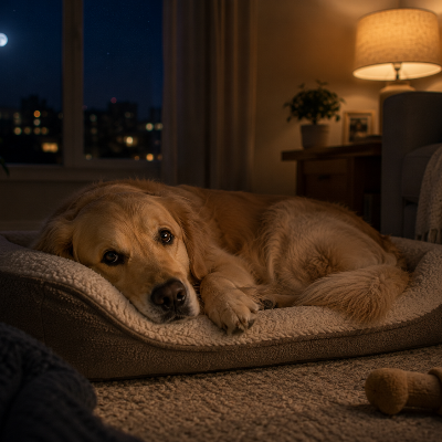 Perro tumbado despierto en el sofá por la noche mientras está solo en casa, con luz interior tenue.