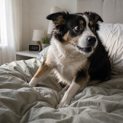 Perro tumbado en el sofá y luego alerta tras despertarse solo en casa, con luz natural interior.