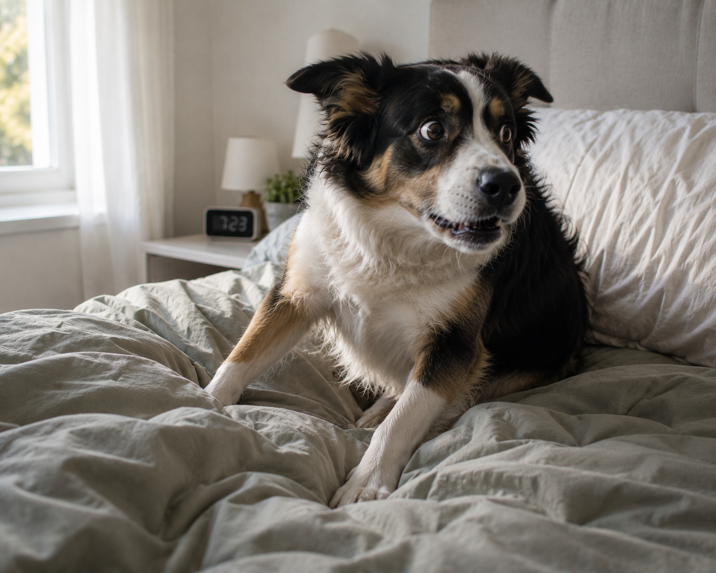 Perro tumbado en el sofá y luego alerta tras despertarse solo en casa, con luz natural interior.