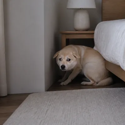 Shiba Inu agazapado en el rincón tranquilo de un dormitorio, junto a la cama.