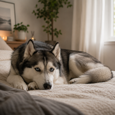 Perro tumbado tranquilo en su cama en un hogar silencioso, con postura relajada y luz natural suave.