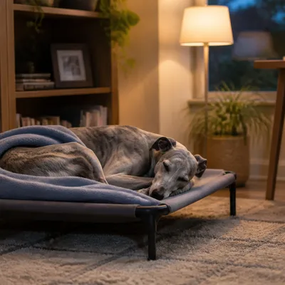 Whippet dormido en una cama elevada en un rincón tranquilo de un despacho en casa.