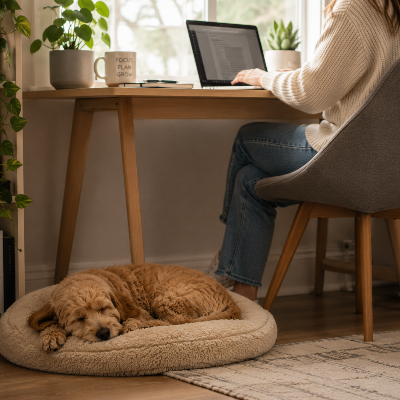 Cachorro descansando junto a su dueño mientras trabaja desde casa en el escritorio, con luz natural.