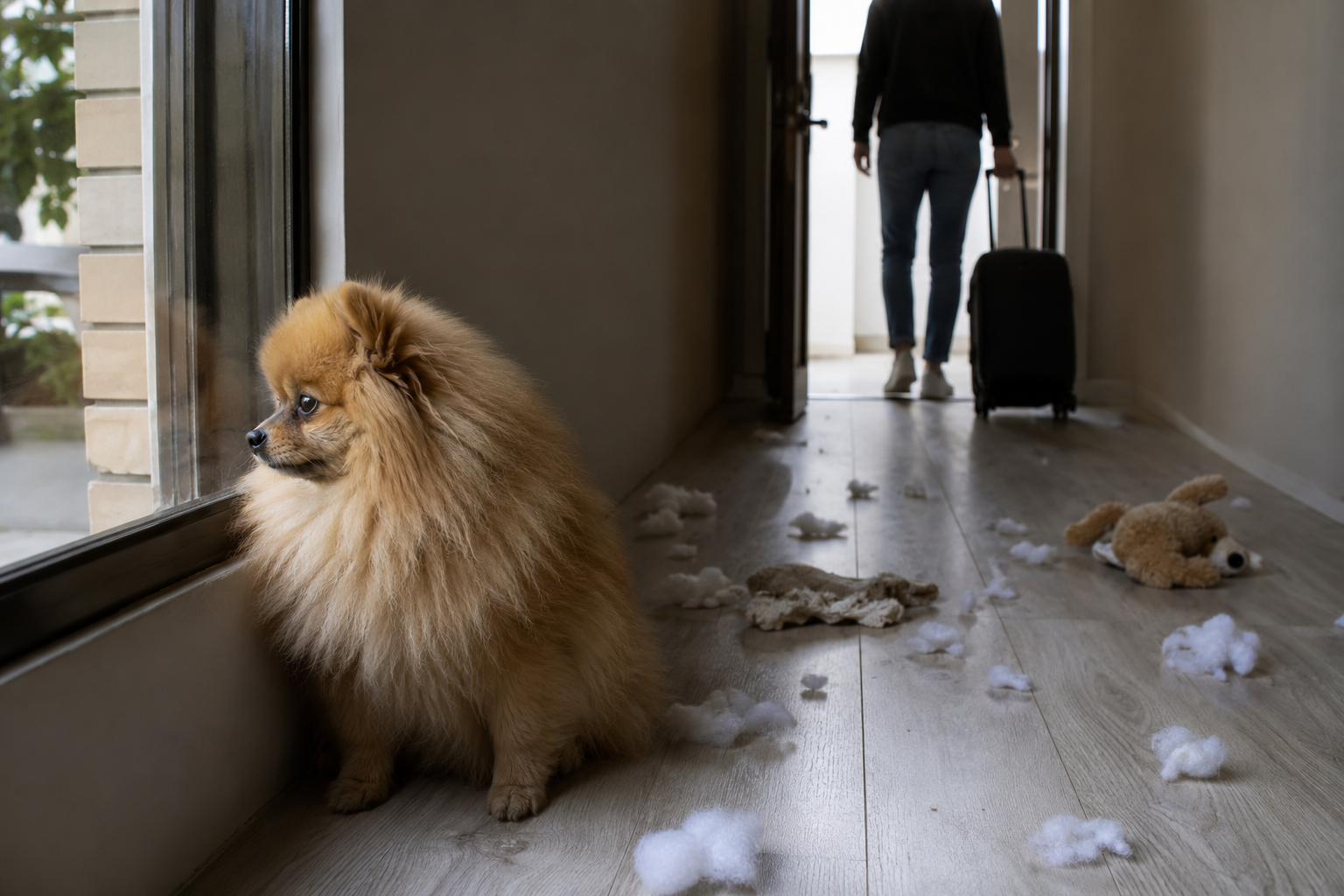 Perro sentado junto a la puerta de entrada esperando a su dueño, una imagen que ilustra la ansiedad por separación en perros.
