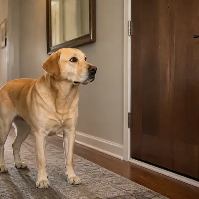 Labrador de pie y alerta junto a una puerta de madera en el pasillo estrecho de un piso.