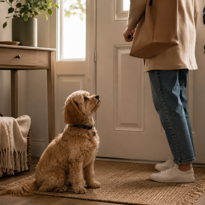 Perro sentado junto a la puerta mientras su dueño se prepara para salir, con una postura tranquila pero atenta.