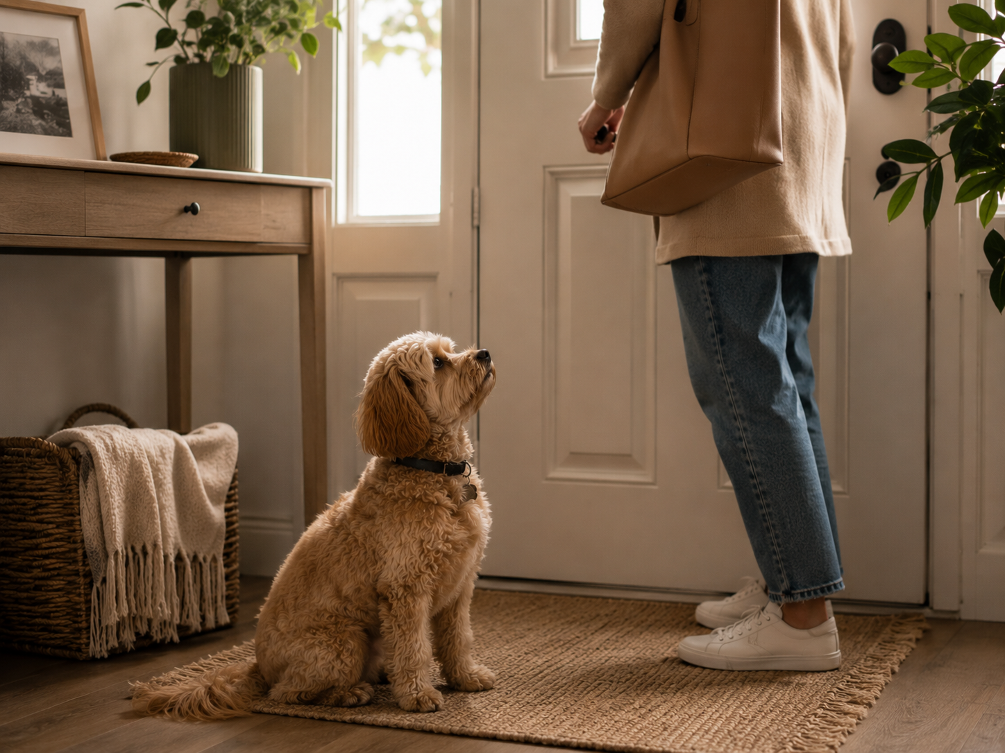 Perro sentado junto a la puerta mientras su dueño se prepara para salir, con una postura tranquila pero atenta.