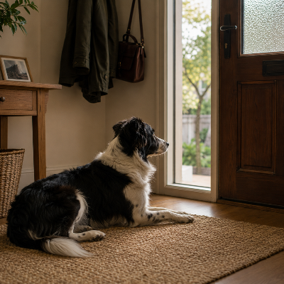Perro tumbado inmóvil cerca de la puerta mientras está solo en casa, con postura alerta vigilando el entorno.