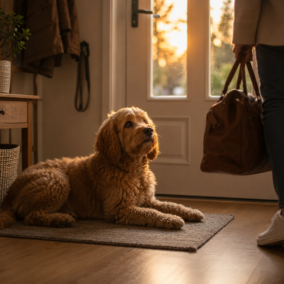 Perro esperando junto a la puerta con luz de tarde mientras el dueño se prepara para salir, ambiente interior tranquilo.