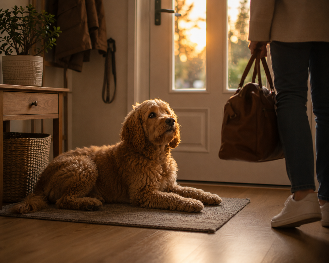 Perro esperando junto a la puerta con luz de tarde mientras el dueño se prepara para salir, ambiente interior tranquilo.