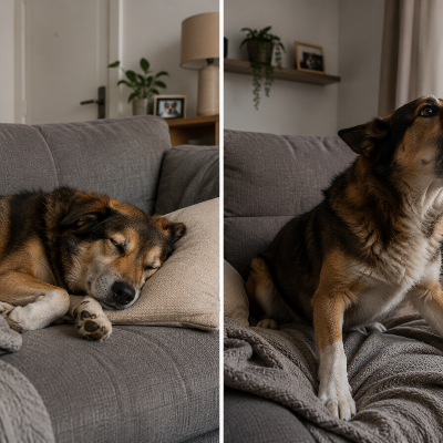 Perro dormido en el sofá y luego alerta y ladrando tras despertarse solo en casa.