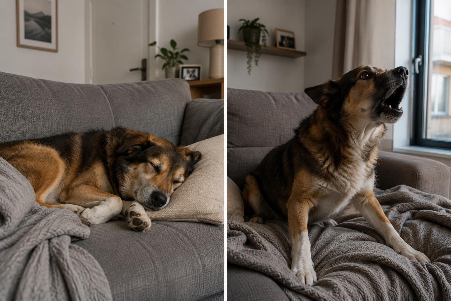Perro dormido en el sofá y luego alerta y ladrando tras despertarse solo en casa.