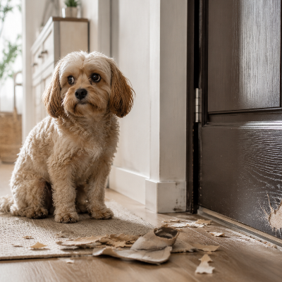 Perro sentado junto a una puerta arañada, con gesto ansioso, después de haberse quedado solo en casa.