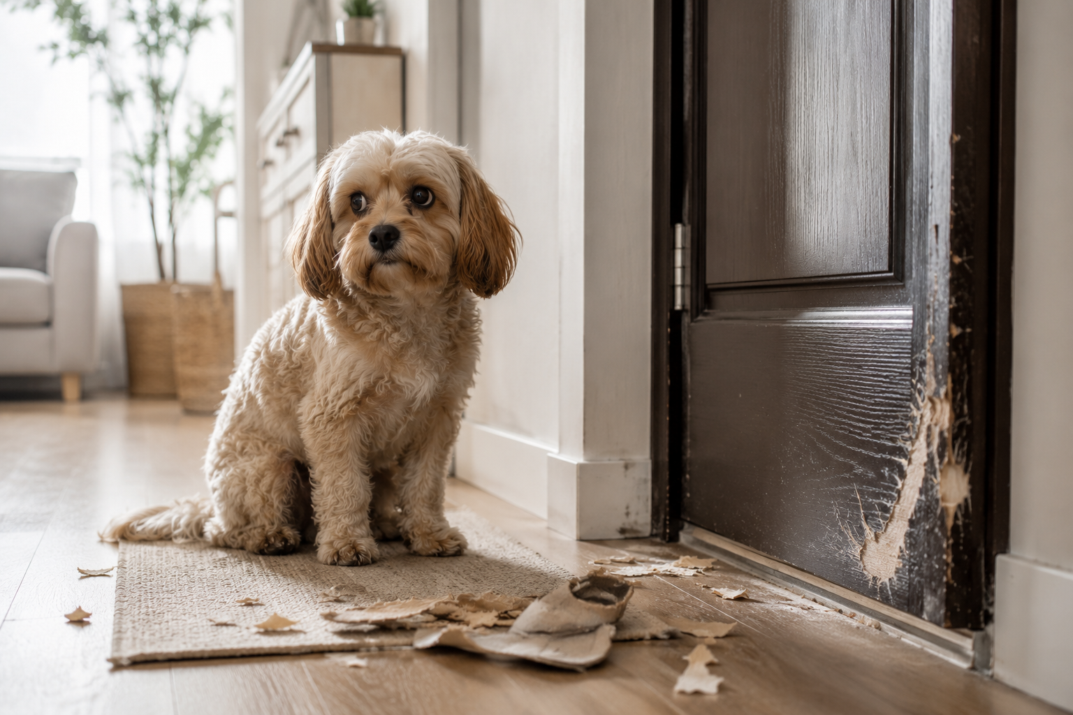 Perro sentado junto a una puerta arañada, con gesto ansioso, después de haberse quedado solo en casa.