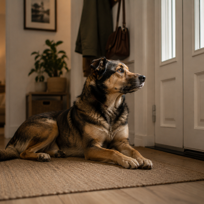 Perro tumbado junto a la puerta de entrada mientras está solo en casa, con postura alerta vigilando el entorno.