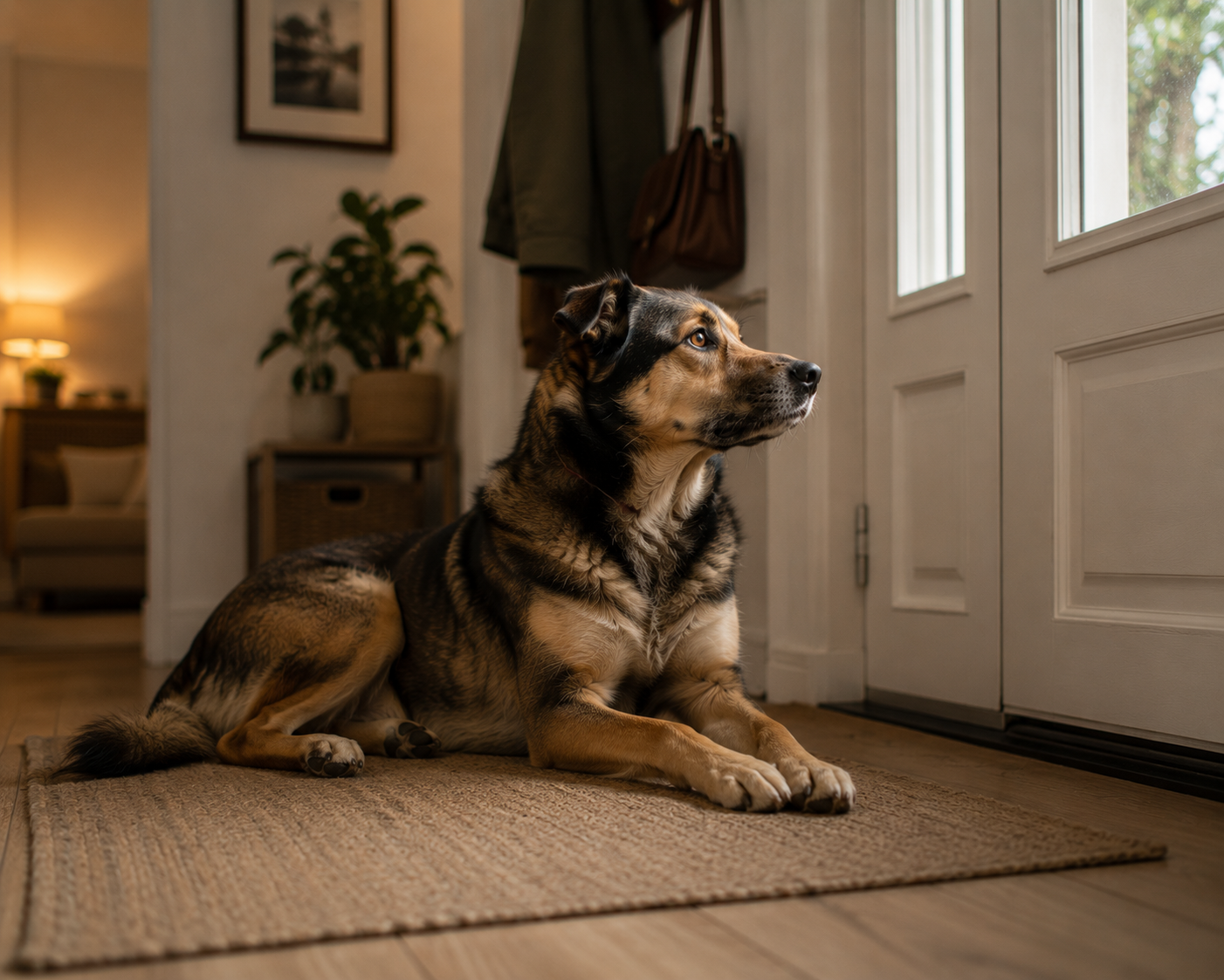 Perro tumbado junto a la puerta de entrada mientras está solo en casa, con postura alerta vigilando el entorno.