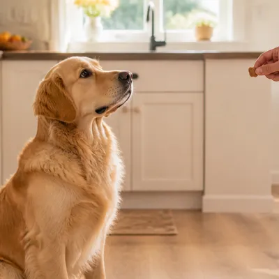 Golden Retriever sentado tranquilo en una cocina luminosa esperando la señal de un premio.
