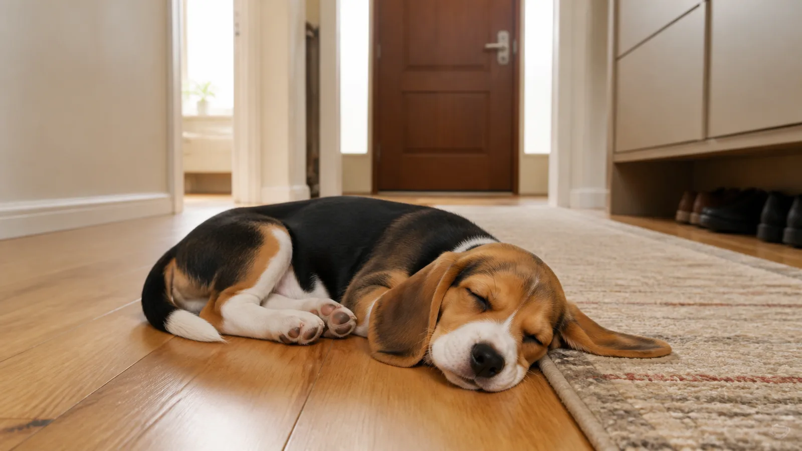 Cachorro beagle durmiendo con naturalidad en el suelo del pasillo de un piso, junto a una alfombra.