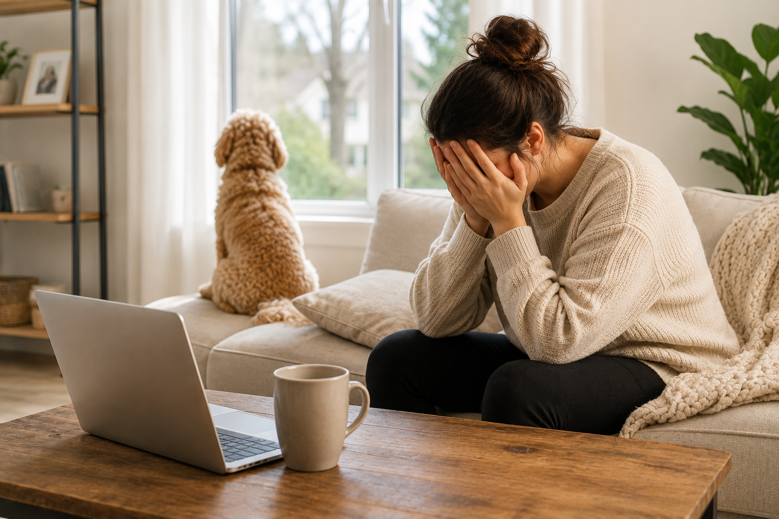 Dueño sentado junto a un perro pequeño en casa, reflexionando sobre los retos de convivir con la ansiedad por separación.