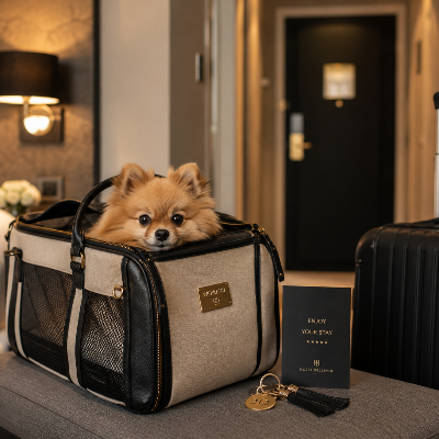 Perro pequeño descansando junto a su dueño en una habitación de hotel moderna, con una maleta de viaje al fondo.
