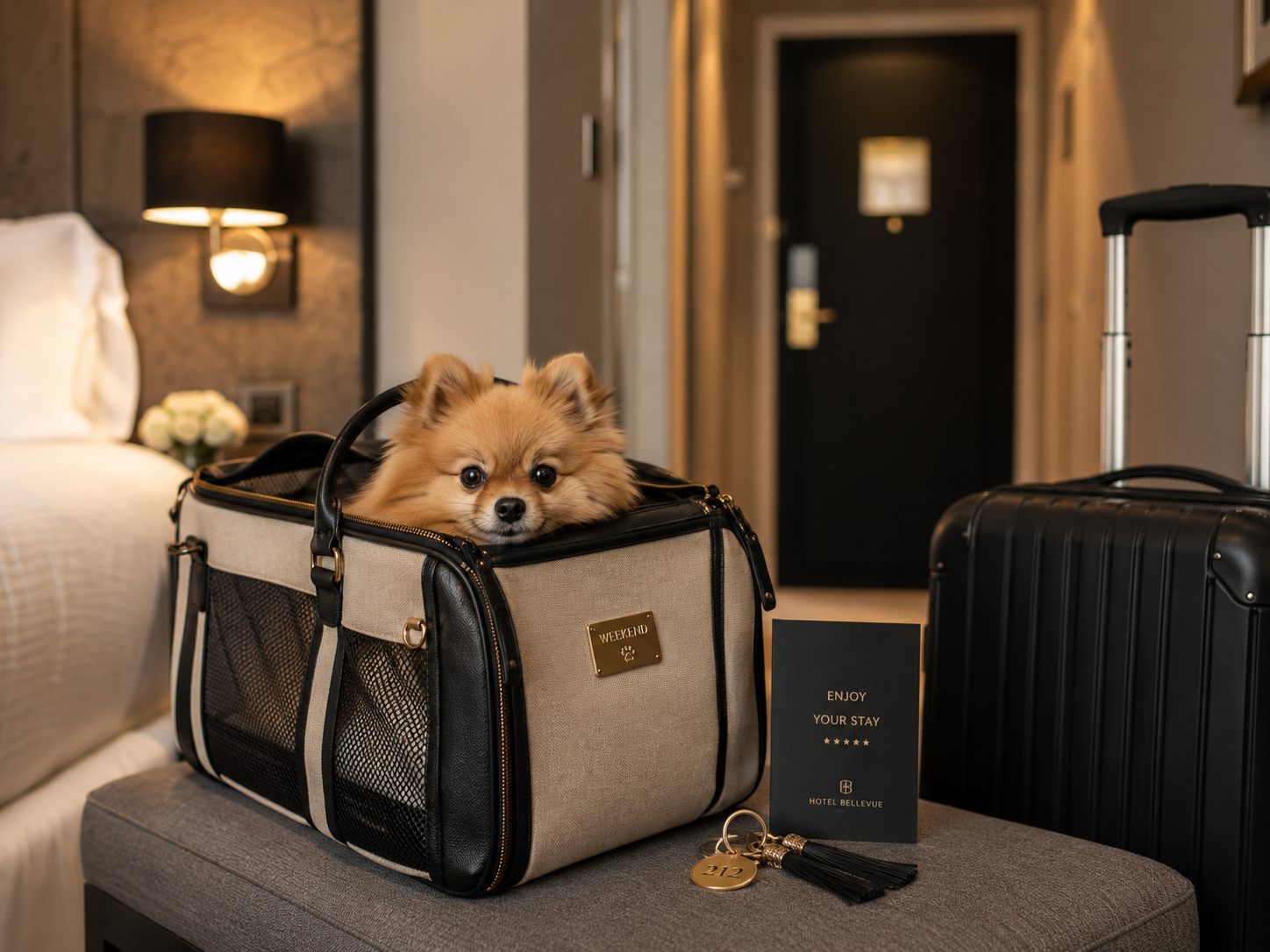 Perro pequeño descansando junto a su dueño en una habitación de hotel moderna, con una maleta de viaje al fondo.