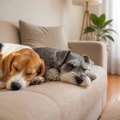 Beagle y schnauzer dormidos uno junto al otro en el sofá de un salón acogedor.