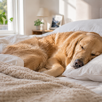 Perro rescatado descansando en su nuevo hogar mientras el dueño se prepara para salir, en un ambiente interior tranquilo.