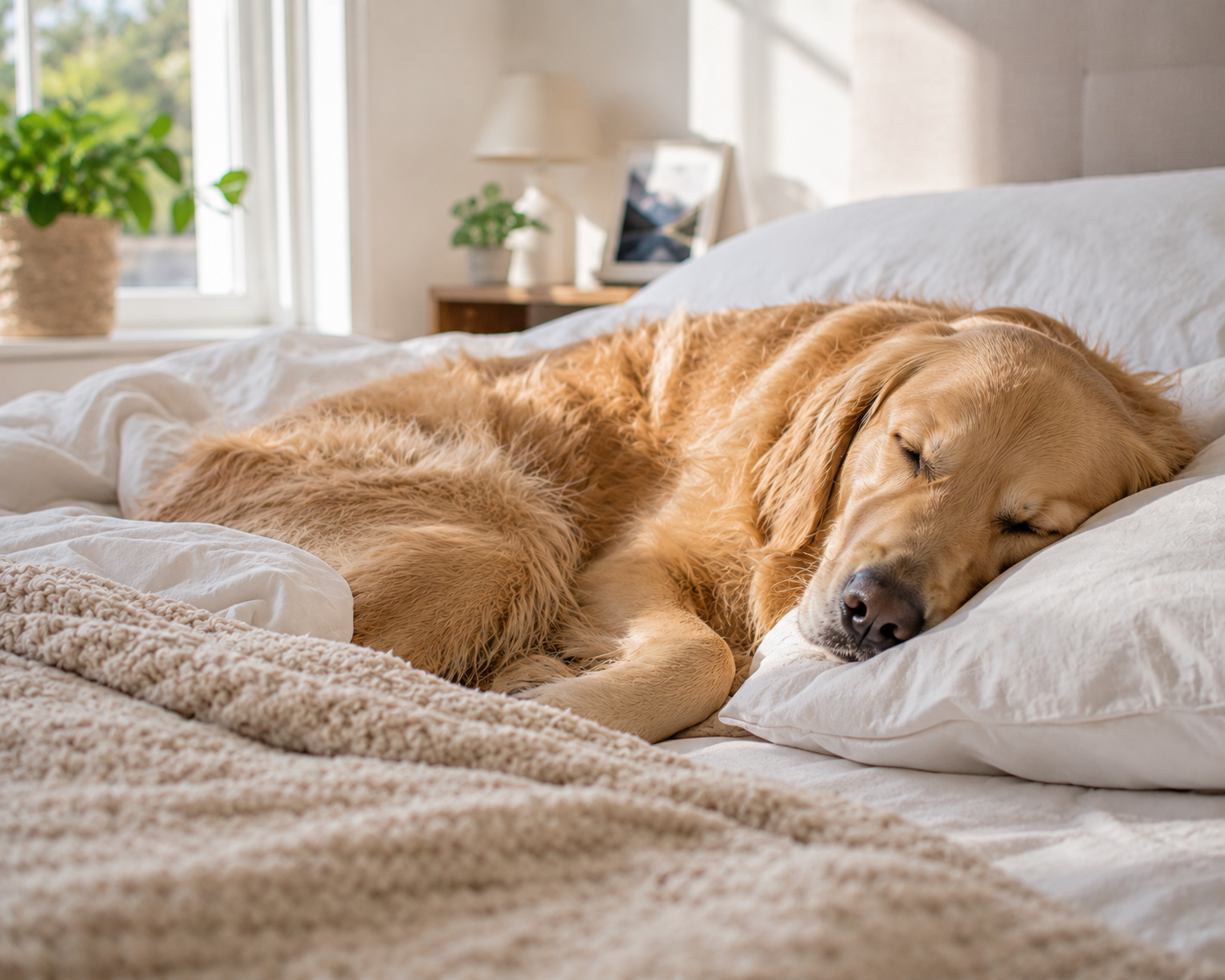 Perro rescatado descansando en su nuevo hogar mientras el dueño se prepara para salir, en un ambiente interior tranquilo.