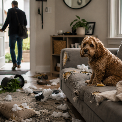 Perro con gesto de estrés mientras el dueño está fuera del piso.