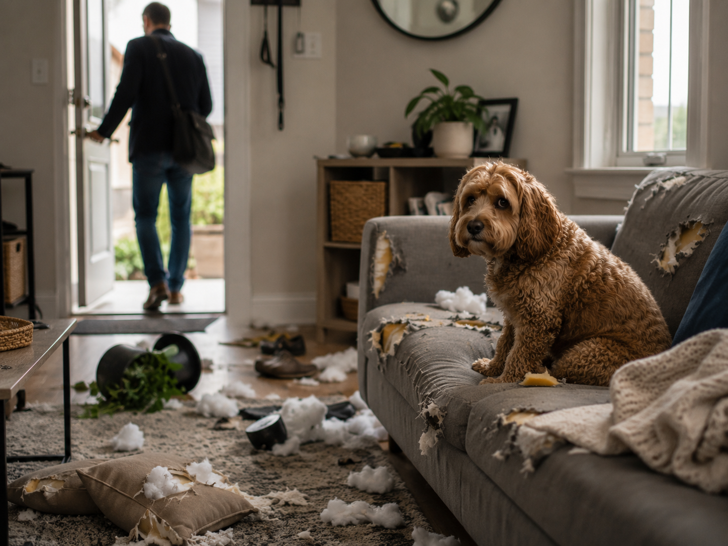 Perro con gesto de estrés mientras el dueño está fuera del piso.