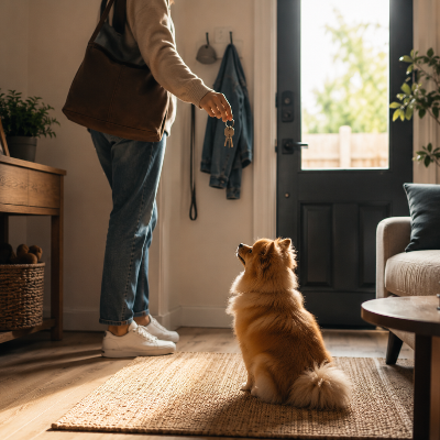 Perro descansando tranquilo en casa mientras su dueño se prepara para salir, con una postura relajada y luz natural.