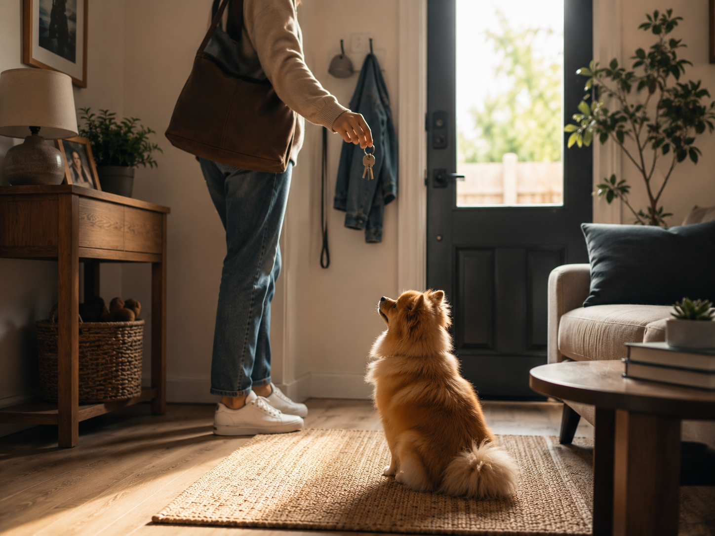 Perro descansando tranquilo en casa mientras su dueño se prepara para salir, con una postura relajada y luz natural.