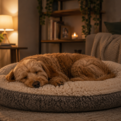 Perro descansando en casa con un sonido de fondo suave, en un ambiente hogareño tranquilo tras los fuegos artificiales.