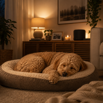 Perro tranquilo en casa con un sonido de fondo suave sonando, en un ambiente hogareño relajado.