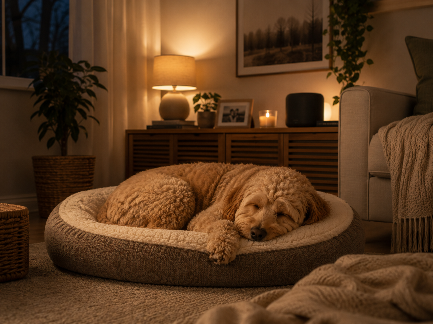 Perro tranquilo en casa con un sonido de fondo suave sonando, en un ambiente hogareño relajado.