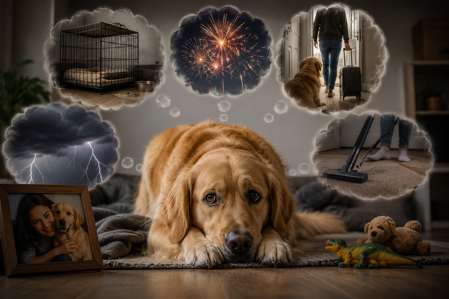 Perros de distintas edades que ilustran las diferentes causas y etapas de la ansiedad por separación en perros.